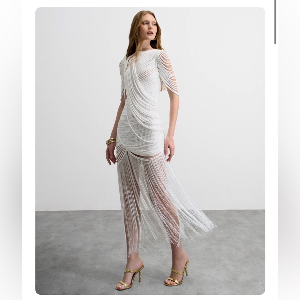 White Fringe Draped Maxi Dress - Women